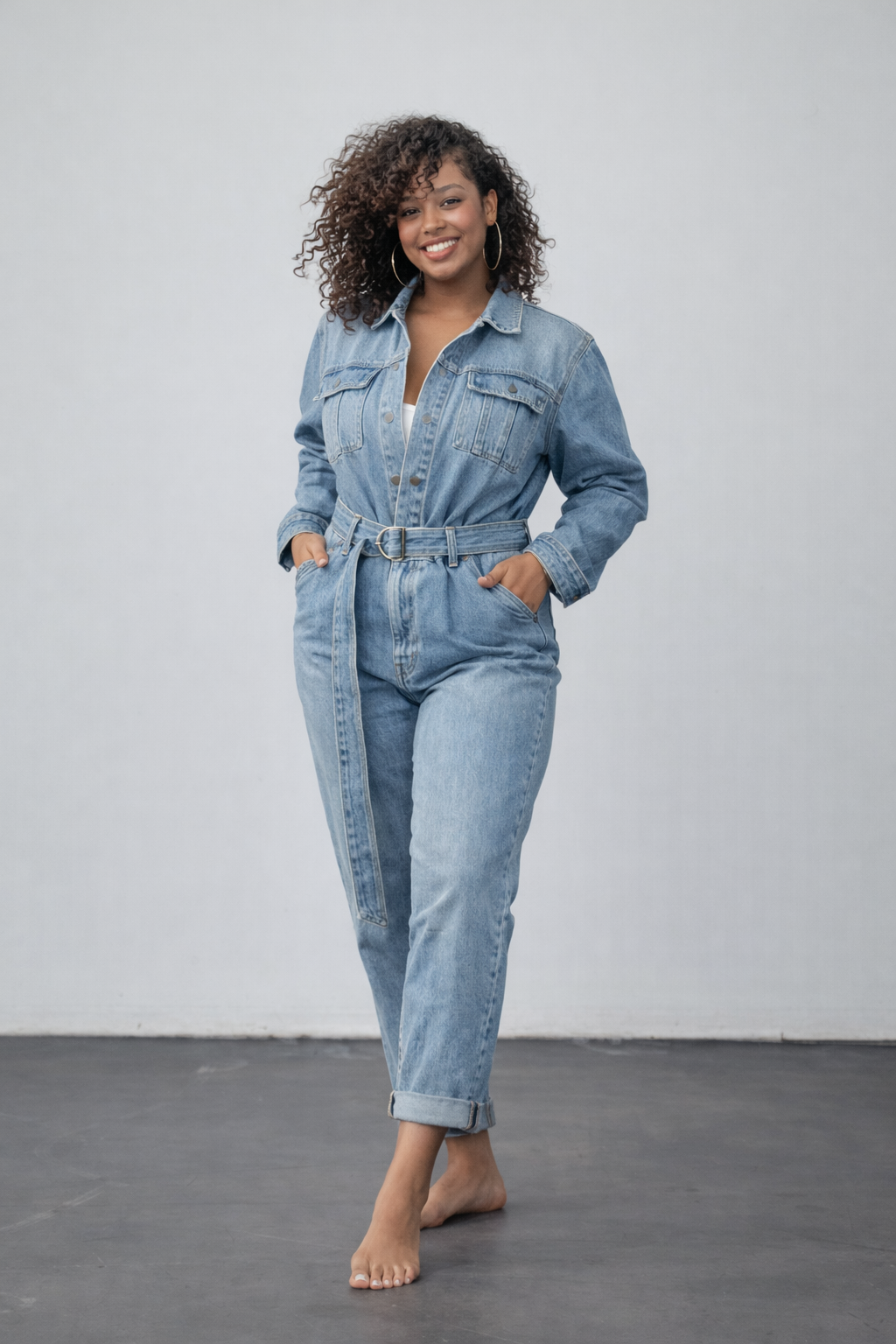 Belted Collared Button Front Denim Jumpsuit