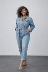 Belted Collared Button Front Denim Jumpsuit