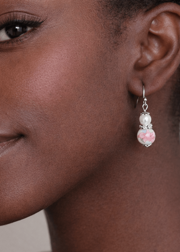 Red Lily Floral Glass Pearl Drop Dangle Earrings | Vintage Bohemian, Earrings, $ 19.95, A Moment Of Now™