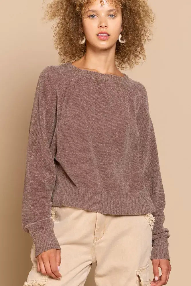Chocolate Brown Backless Sweater with Ribbed Edge, Sweaters, $ 45.00, A Moment Of Now™