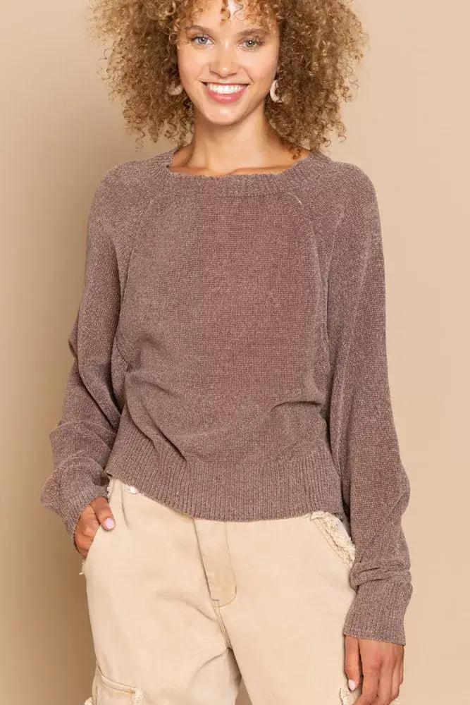 Chocolate Brown Backless Sweater with Ribbed Edge, Sweaters, $ 45.00, A Moment Of Now™
