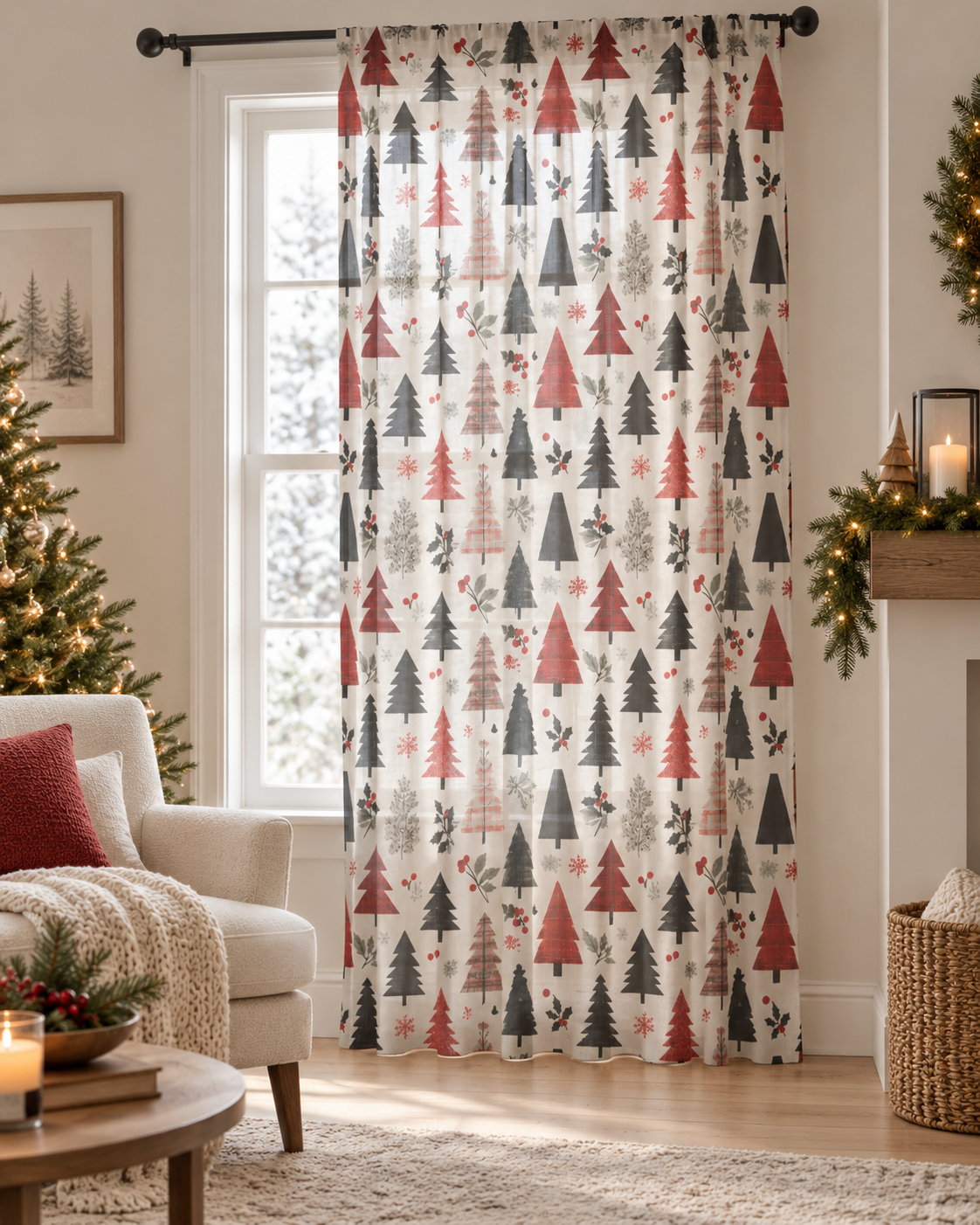 Scandinavian Pine Tree Sheer Curtain — Christmas Woodland Window Panel