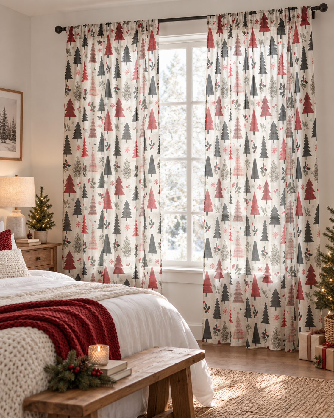Scandinavian Pine Tree Sheer Curtain — Christmas Woodland Window Panel