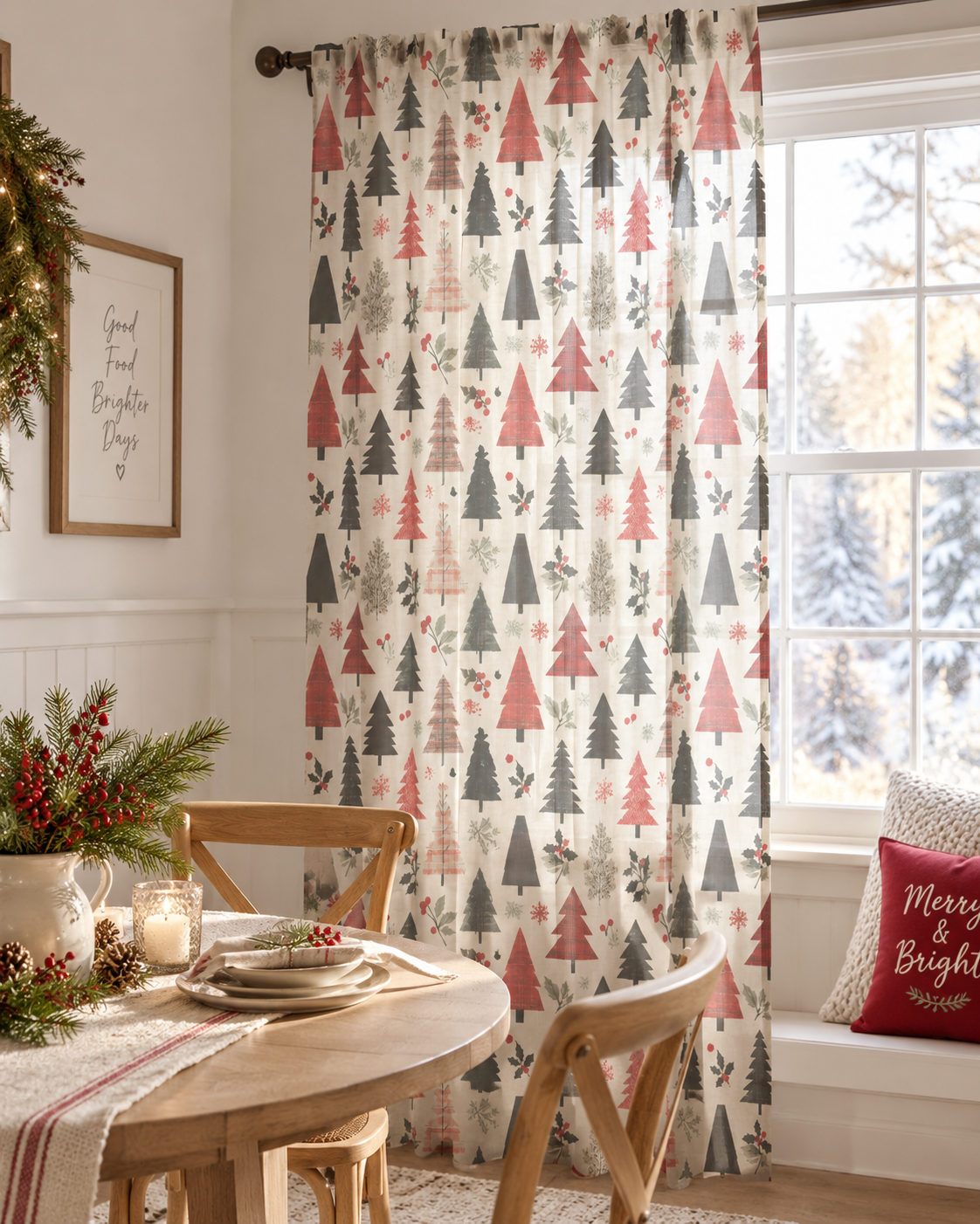 Scandinavian Pine Tree Sheer Curtain — Christmas Woodland Window Panel