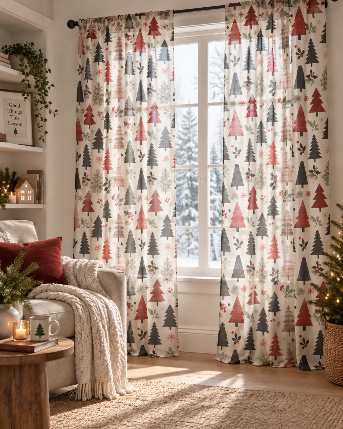 Scandinavian Pine Tree Sheer Curtain — Christmas Woodland Window Panel