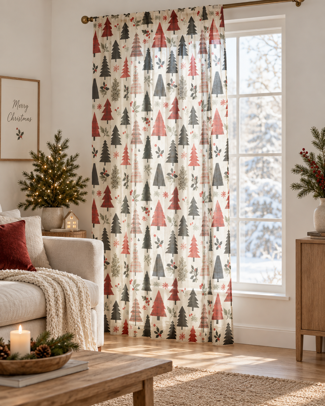 Scandinavian Pine Tree Sheer Curtain — Christmas Woodland Window Panel