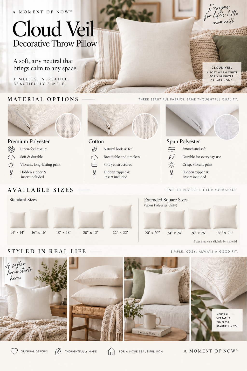 Cloud Veil Throw Pillow — Soft Warm White Neutral Decorative Accent Pillow