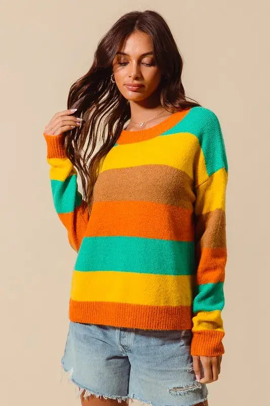 Colorful Stripe Sweater with Ribbed Detail - Vibrant Style, Sweaters, $ 50.00, A Moment Of Now™