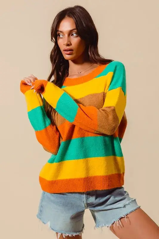 Colorful Stripe Sweater with Ribbed Detail - Vibrant Style, Sweaters, $ 50.00, A Moment Of Now™