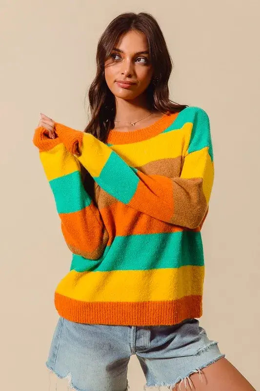 Colorful Stripe Sweater with Ribbed Detail - Vibrant Style, Sweaters, $ 50.00, A Moment Of Now™