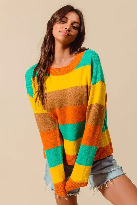 Colorful Stripe Sweater with Ribbed Detail - Vibrant Style, Sweaters, $ 50.00, A Moment Of Now™