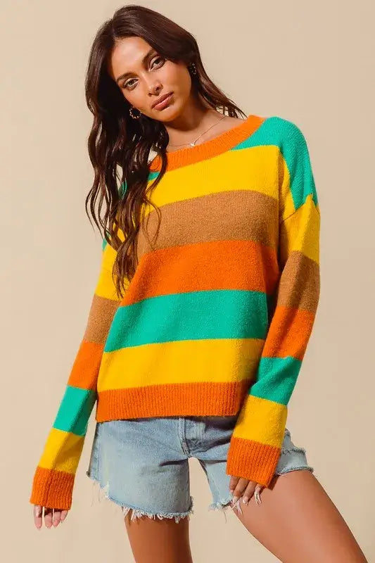 Colorful Stripe Sweater with Ribbed Detail - Vibrant Style, Sweaters, $ 50.00, A Moment Of Now™