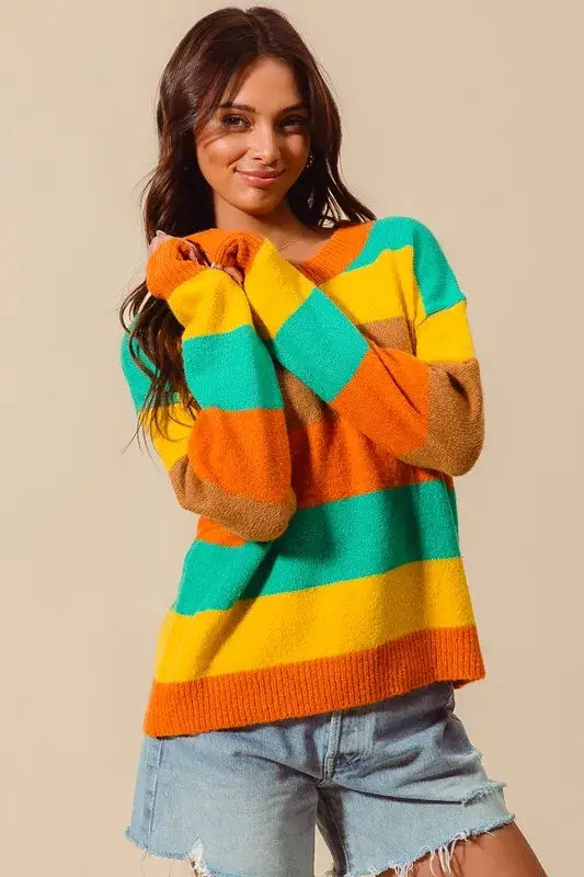 Colorful Stripe Sweater with Ribbed Detail - Vibrant Style, Sweaters, $ 50.00, A Moment Of Now™