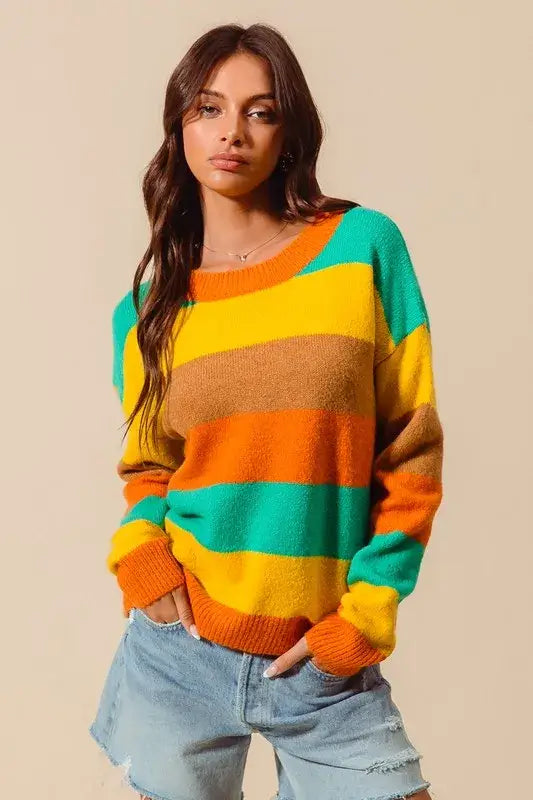 Colorful Stripe Sweater with Ribbed Detail - Vibrant Style, Sweaters, $ 50.00, A Moment Of Now™