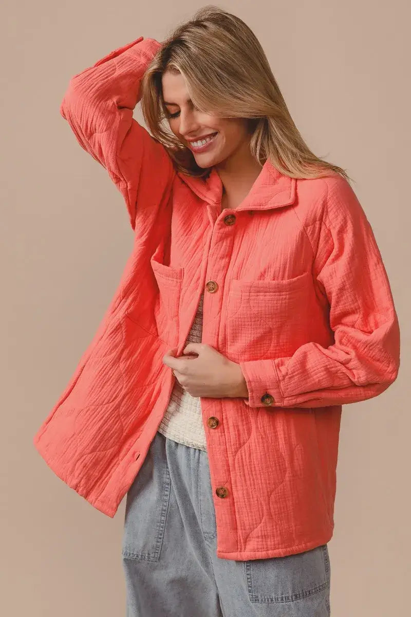 CoralQuilted Wrinkle Gauze Long Sleeve Shacket | Online Boutique USA, Shackets, $ 53.00, A Moment Of Now™