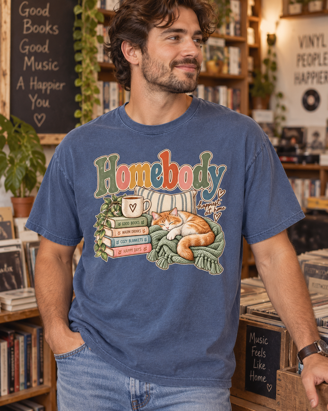 Homebody T-Shirt — Cozy Cat, Books & Coffee Comfort Colors® Tee