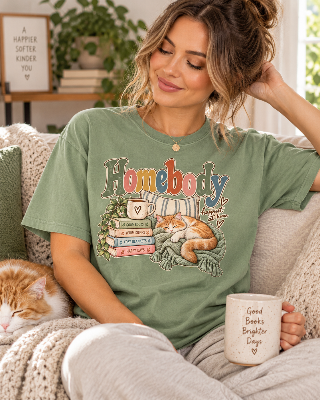 Homebody T-Shirt — Cozy Cat, Books & Coffee Comfort Colors® Tee