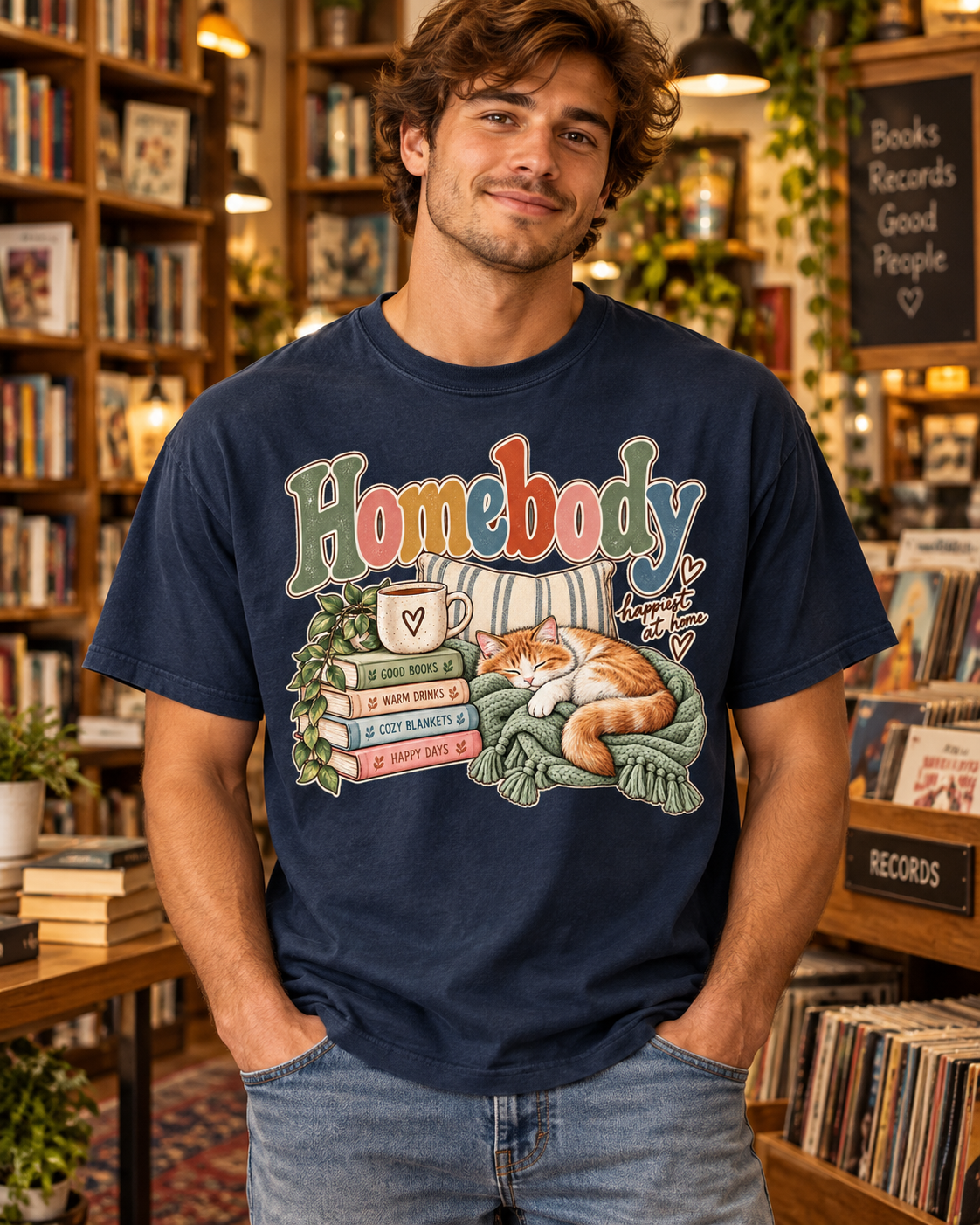 Homebody T-Shirt — Cozy Cat, Books & Coffee Comfort Colors® Tee