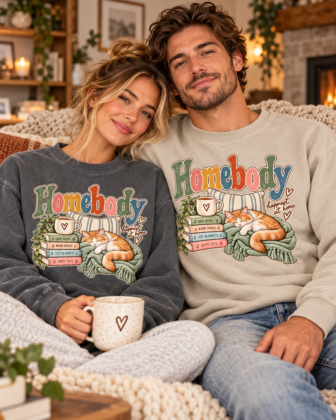 Homebody Sweatshirt — Cozy Cat & Bookstack Crewneck