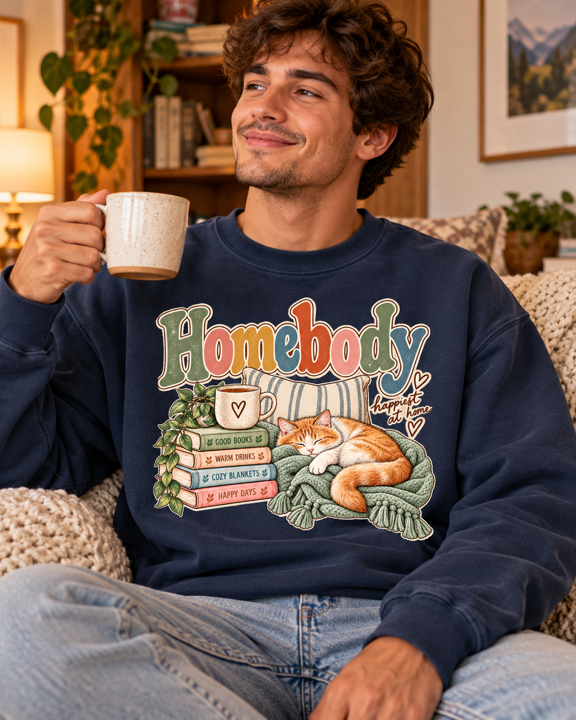 Homebody Sweatshirt — Cozy Cat & Bookstack Crewneck
