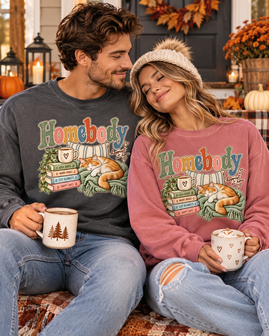 Homebody Sweatshirt — Cozy Cat & Bookstack Crewneck