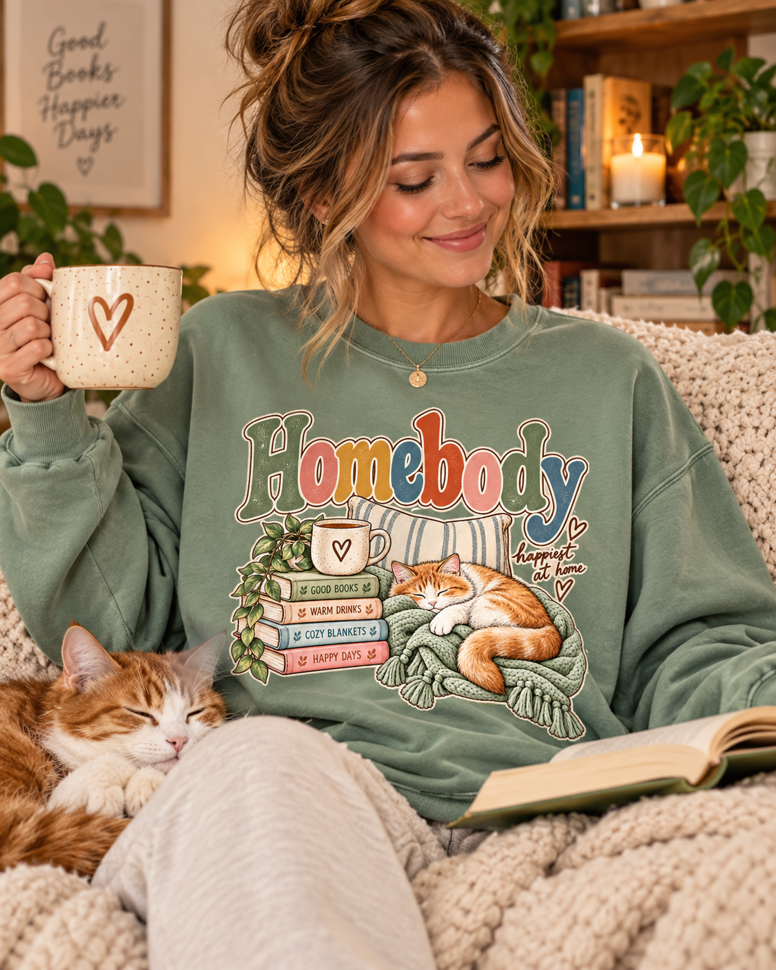 Homebody Sweatshirt — Cozy Cat & Bookstack Crewneck