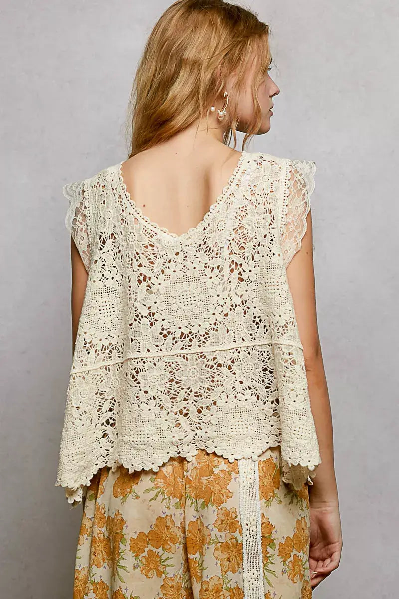 Cream Lace Trim Openwork V-Neck Crochet Tank | Boho Fashion, Tops, $ 45.00, A Moment Of Now™
