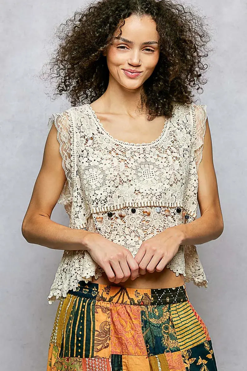 Cream Lace Trim Openwork V-Neck Crochet Tank | Boho Fashion, Tops, $ 45.00, A Moment Of Now™