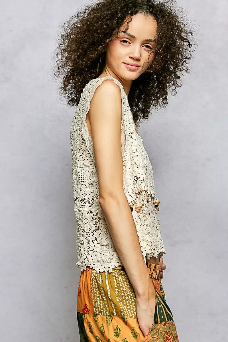 Cream Lace Trim Openwork V-Neck Crochet Tank | Boho Fashion, Tops, $ 45.00, A Moment Of Now™