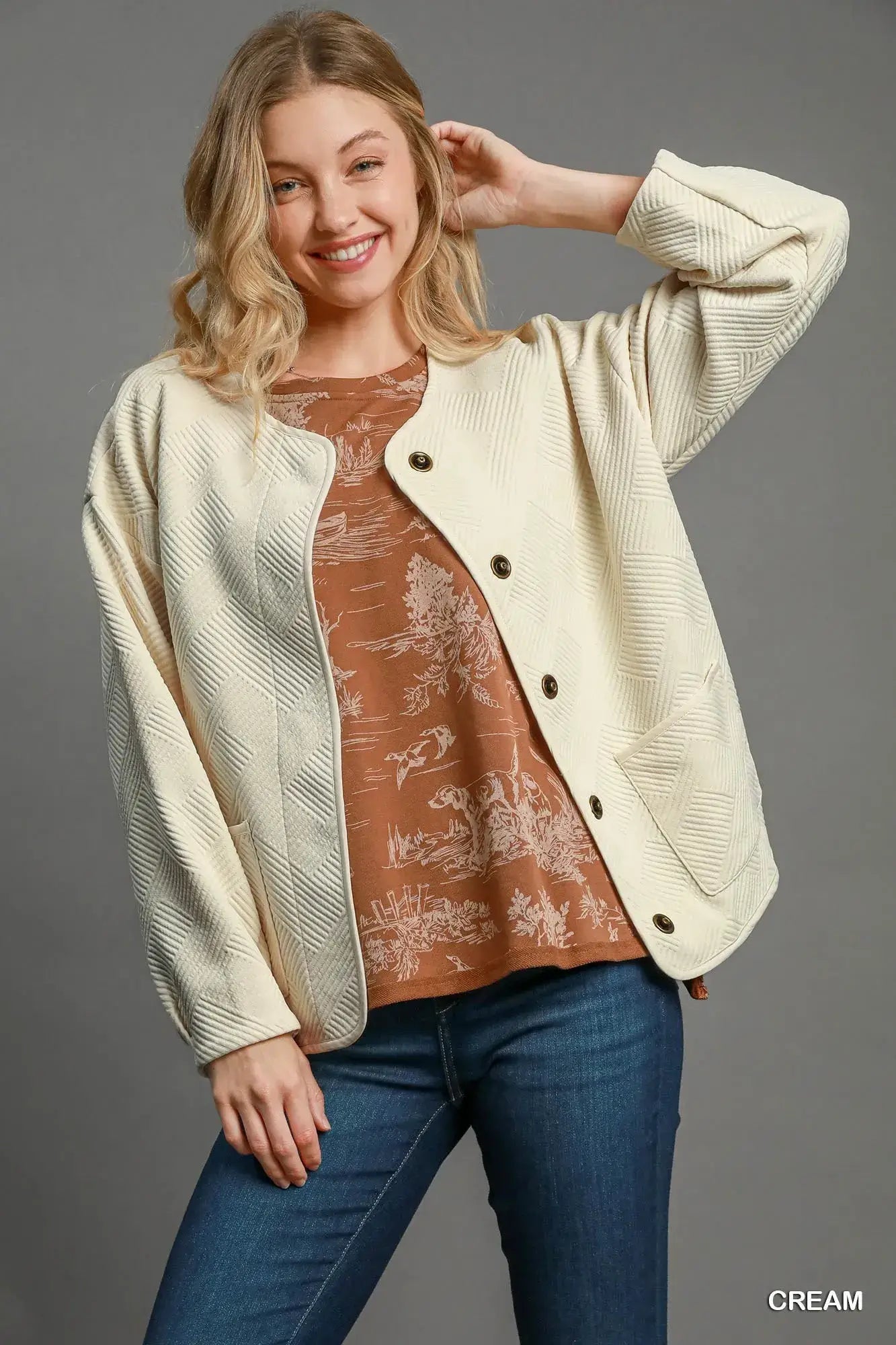 Cream White Textured Jacquard Jacket - Timeless Elegance, Jackets, $ 59.00, A Moment Of Now™