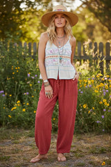 Cream Blue Printed Contrast Button Down Cami with Trim Detail and Blanket Stitch