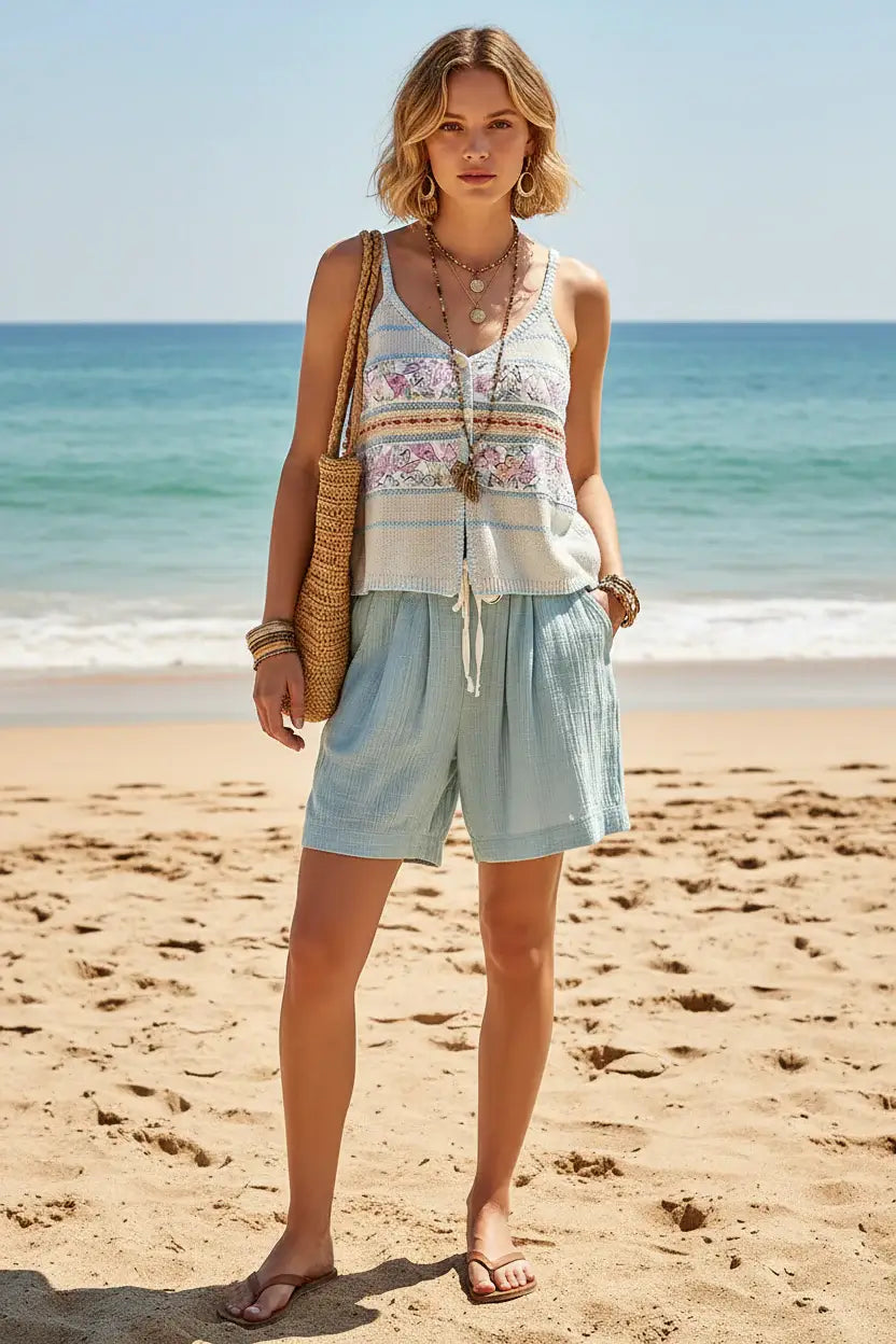 Cream Blue Printed Contrast Button Down Cami with Trim Detail and Blanket Stitch