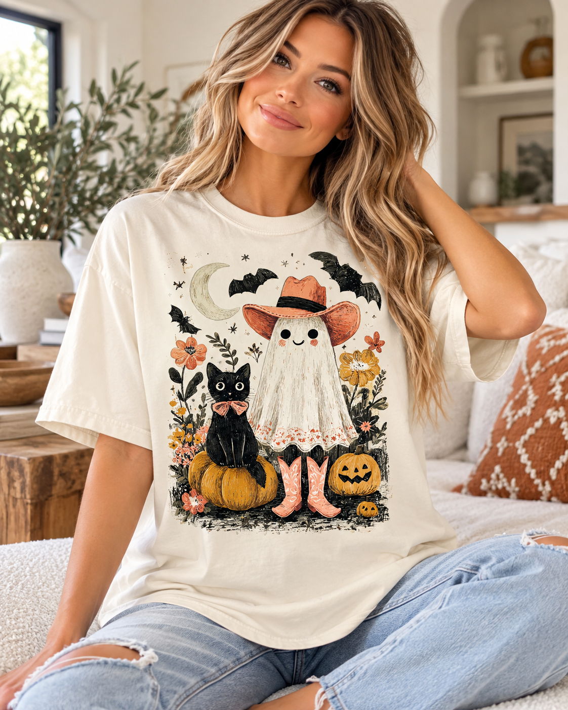 Halloween Ghost Costume T-Shirt — Cute Pumpkin, Black Cat & Bat Graphic Tee