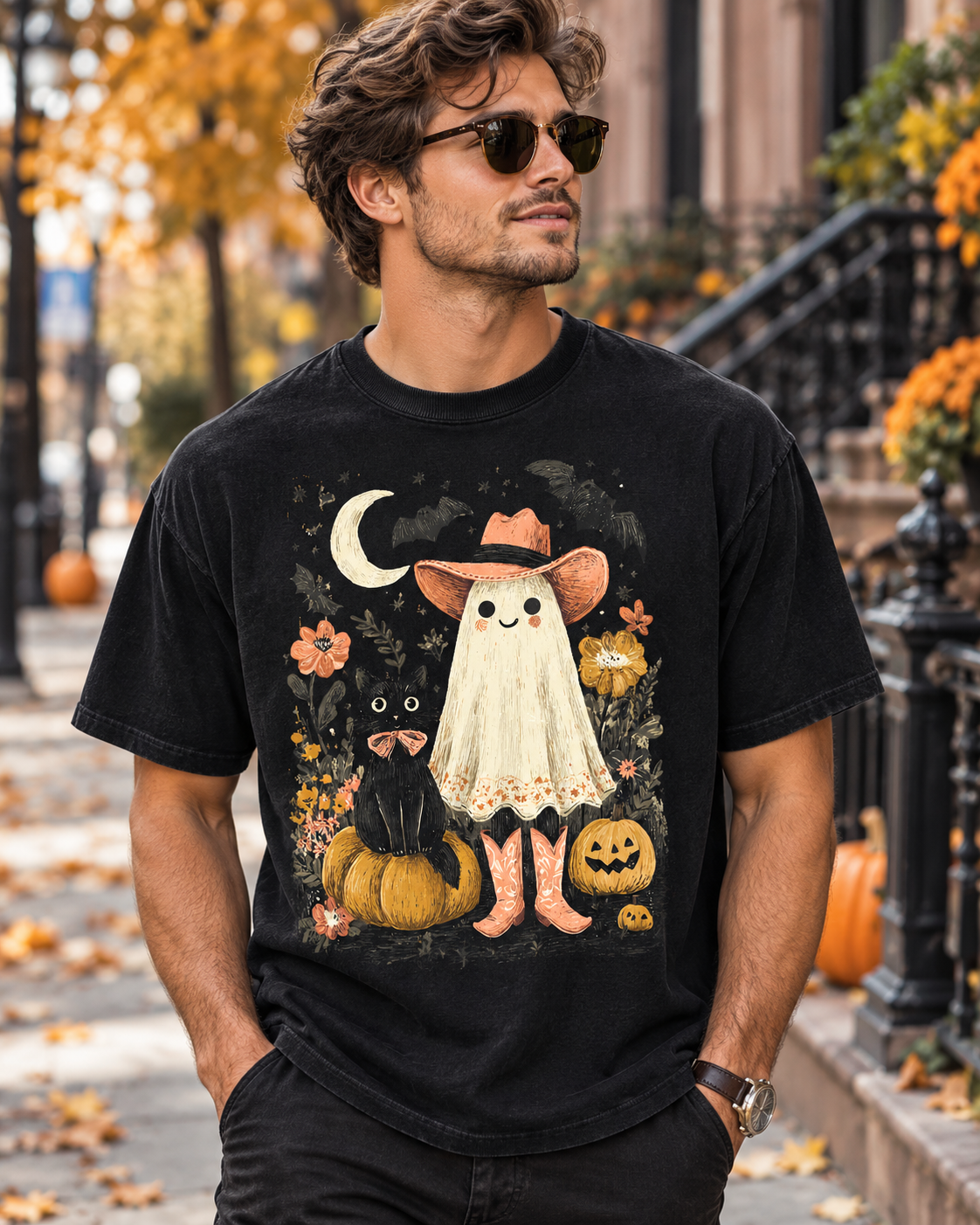 Halloween Ghost Costume T-Shirt — Cute Pumpkin, Black Cat & Bat Graphic Tee