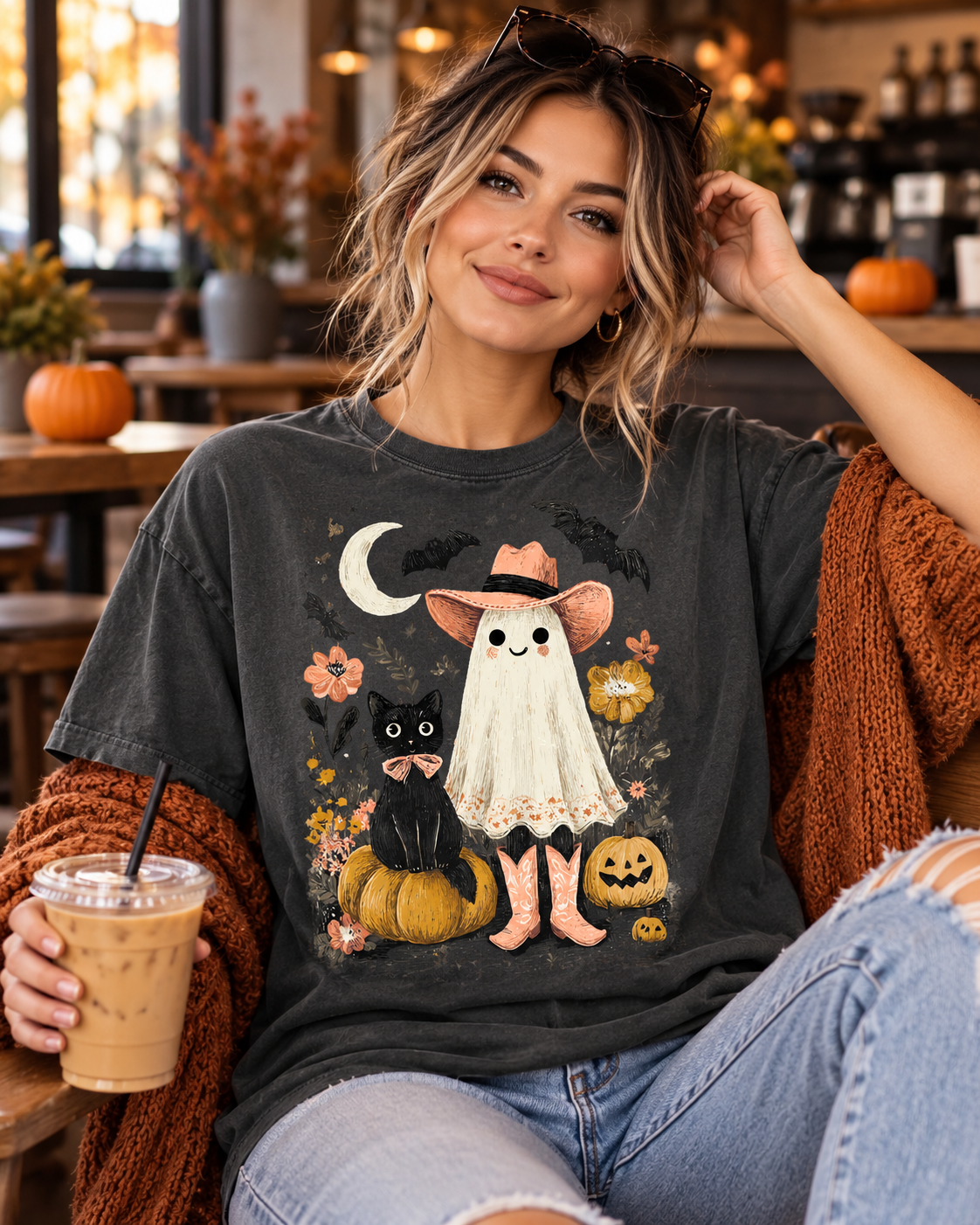 Halloween Ghost Costume T-Shirt — Cute Pumpkin, Black Cat & Bat Graphic Tee