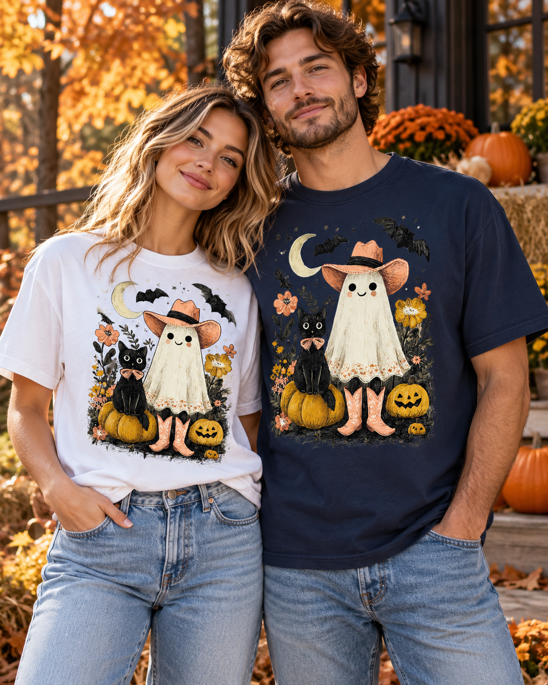 Halloween Ghost Costume T-Shirt — Cute Pumpkin, Black Cat & Bat Graphic Tee