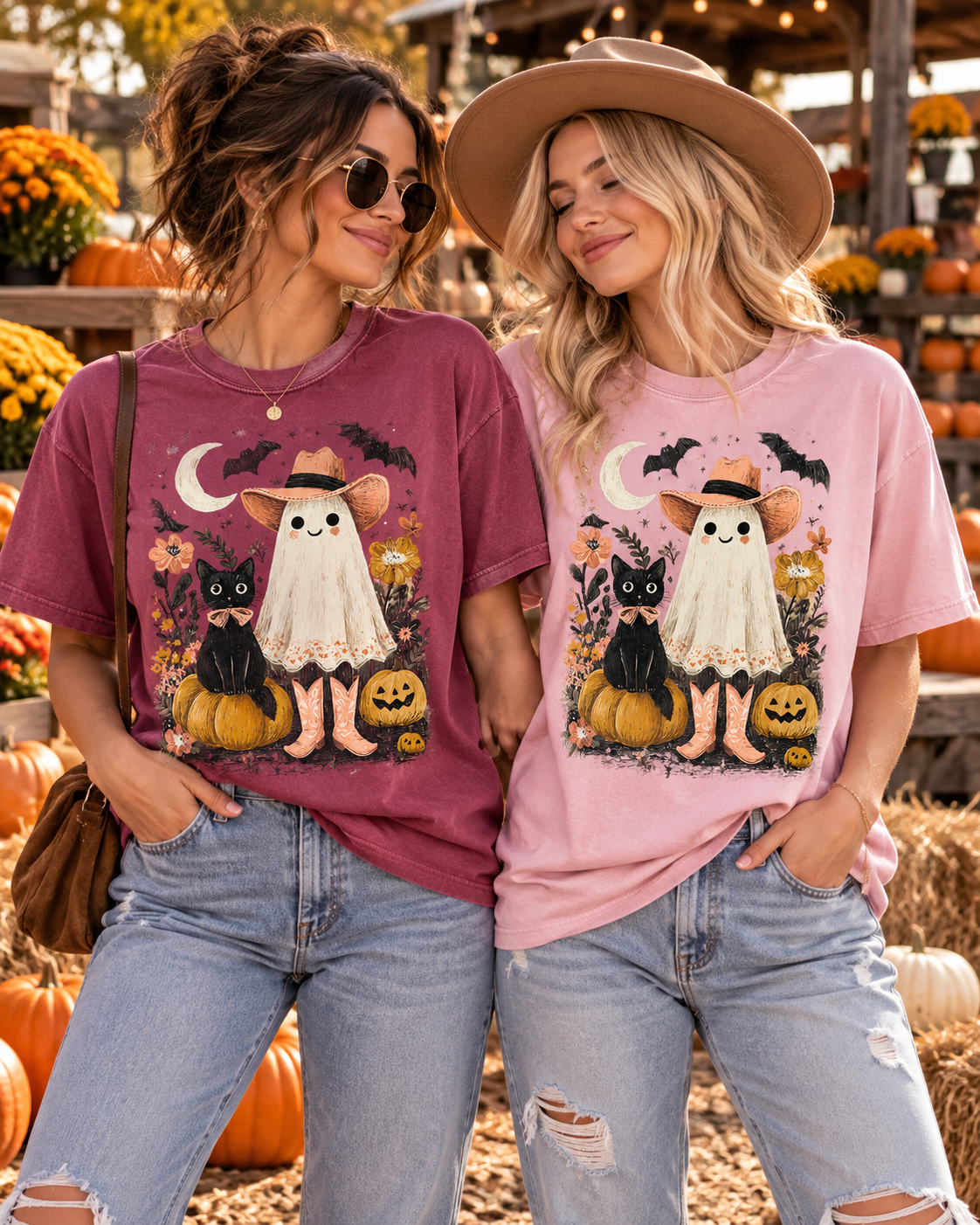 Halloween Ghost Costume T-Shirt — Cute Pumpkin, Black Cat & Bat Graphic Tee