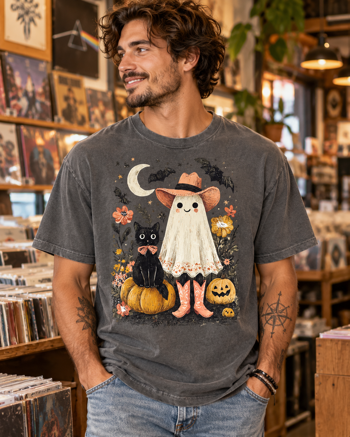 Halloween Ghost Costume T-Shirt — Cute Pumpkin, Black Cat & Bat Graphic Tee