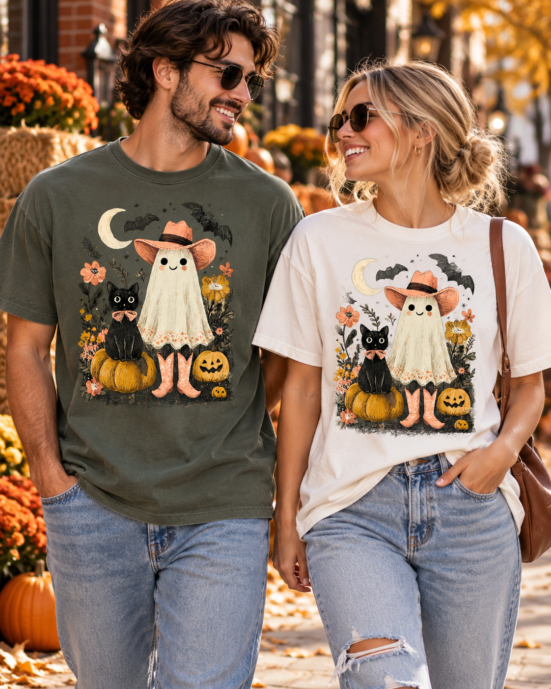 Halloween Ghost Costume T-Shirt — Cute Pumpkin, Black Cat & Bat Graphic Tee
