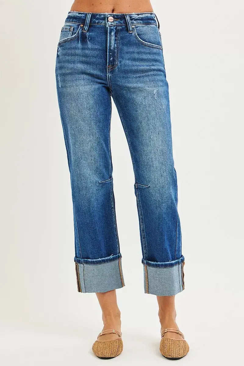 Dark Blue High Rise Straight Jeans with Distressed Hem - Trendy, Jeans, $ 69.00, A Moment Of Now™