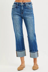 Dark Blue High Rise Straight Jeans with Distressed Hem - Trendy, Jeans, $ 69.00, A Moment Of Now™