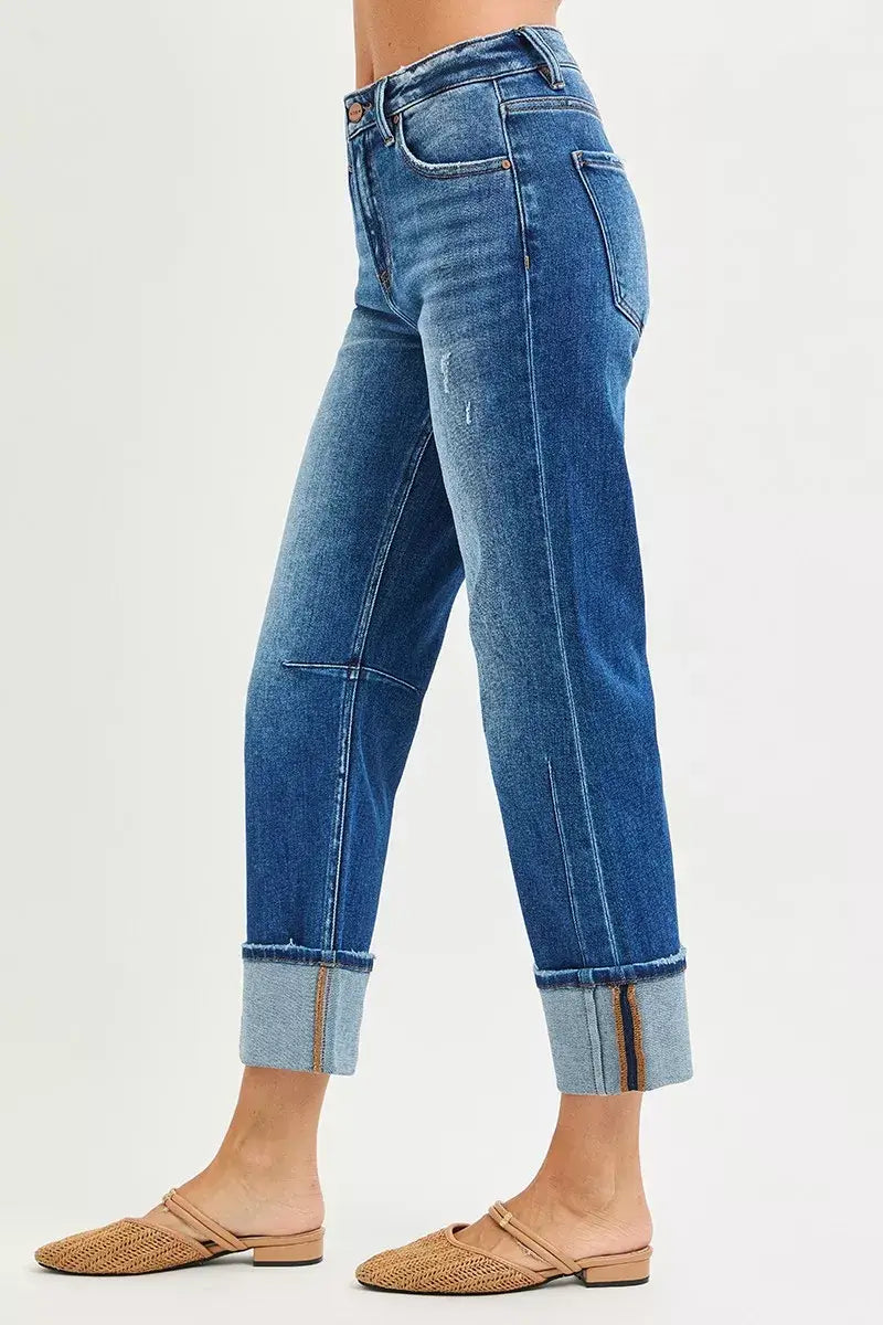Dark Blue High Rise Straight Jeans with Distressed Hem - Trendy, Jeans, $ 69.00, A Moment Of Now™