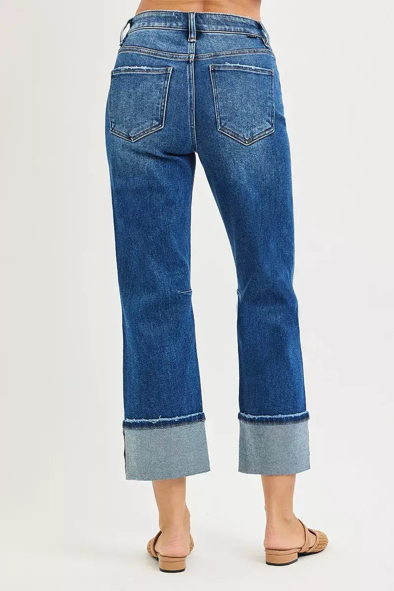 Dark Blue High Rise Straight Jeans with Distressed Hem - Trendy, Jeans, $ 69.00, A Moment Of Now™