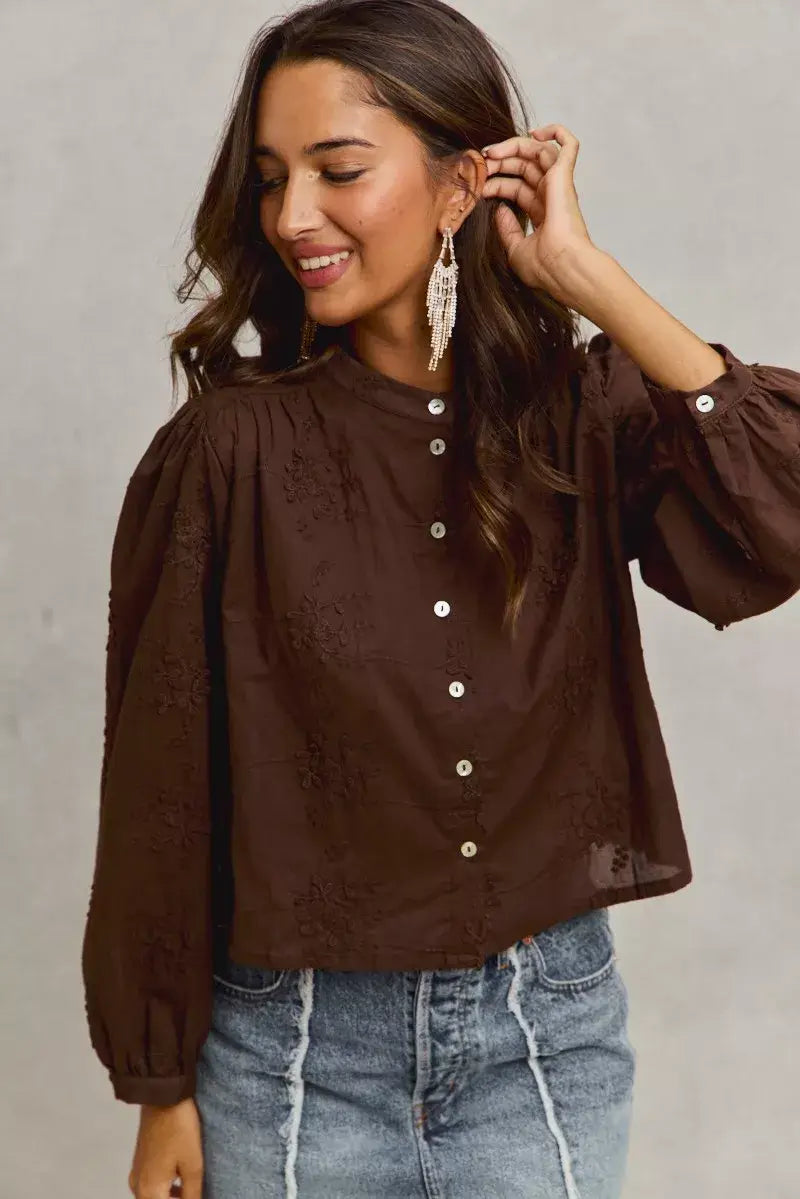Dark Brown 3d Floral Woven Long Sleeve Front Button Shirt, Shirts, $ 69.00, A Moment Of Now™