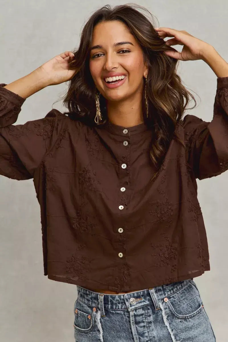Dark Brown 3d Floral Woven Long Sleeve Front Button Shirt, Shirts, $ 69.00, A Moment Of Now™