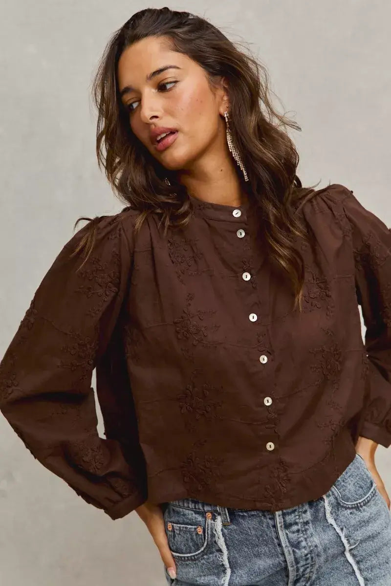 Dark Brown 3d Floral Woven Long Sleeve Front Button Shirt, Shirts, $ 69.00, A Moment Of Now™