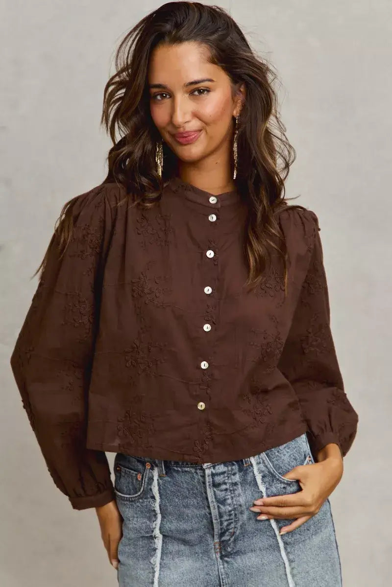 Dark Brown 3d Floral Woven Long Sleeve Front Button Shirt, Shirts, $ 69.00, A Moment Of Now™