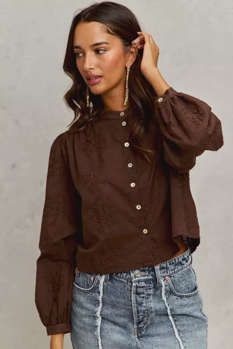 Dark Brown 3d Floral Woven Long Sleeve Front Button Shirt, Shirts, $ 69.00, A Moment Of Now™
