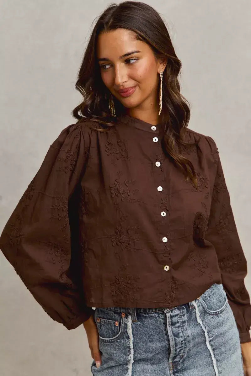 Dark Brown 3d Floral Woven Long Sleeve Front Button Shirt, Shirts, $ 69.00, A Moment Of Now™