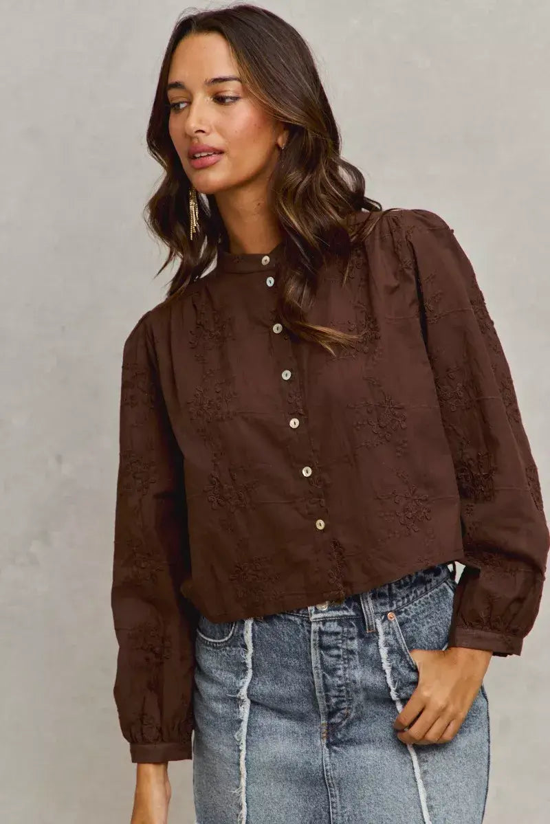 Dark Brown 3d Floral Woven Long Sleeve Front Button Shirt, Shirts, $ 69.00, A Moment Of Now™